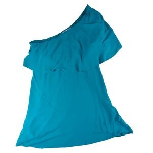 Ann Taylor Loft Green Teal One Shoulder Ruffle Dress Size 12 Shower Summer